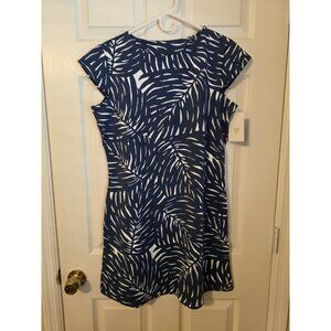 NEW Mahi Gold Cap Sleeve Jewel Neckline Dress White Blue Leaf Design Large NWT‎